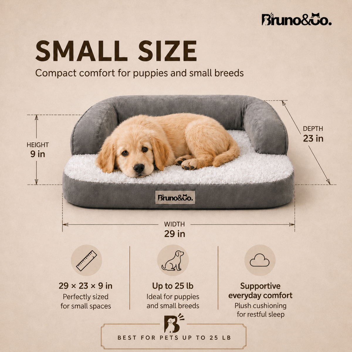 Bruno orthopedic dog bed corner detail showing YKK zipper construction and grey micro-velvet exterior fabric